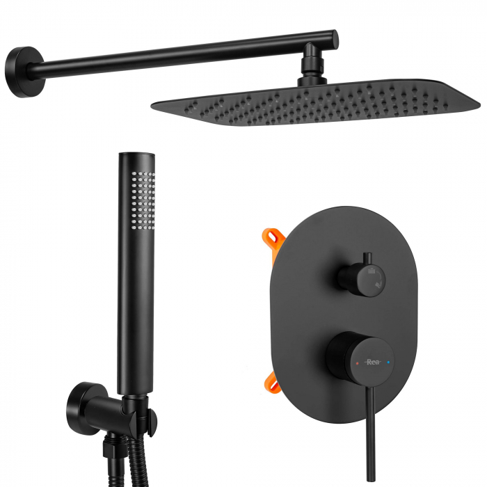 Set de dus Oval Negru + Box, anti calcar, negru, montaj incastrat [1]