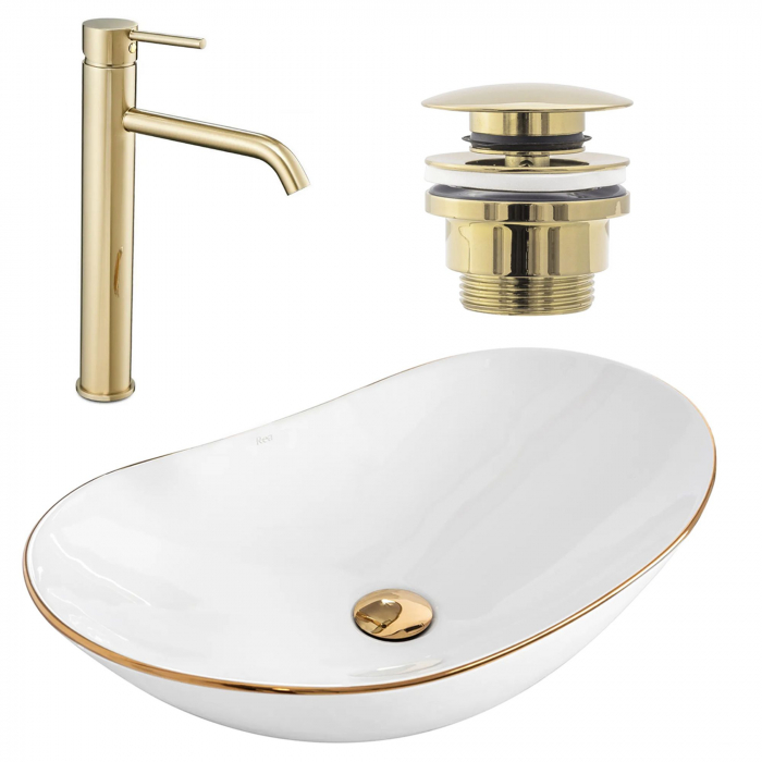 Set Lavoar Royal Gold Edge + Baterie Inalta Lungo Gold + Dop Universal Gold, nan, alb lucios [1]