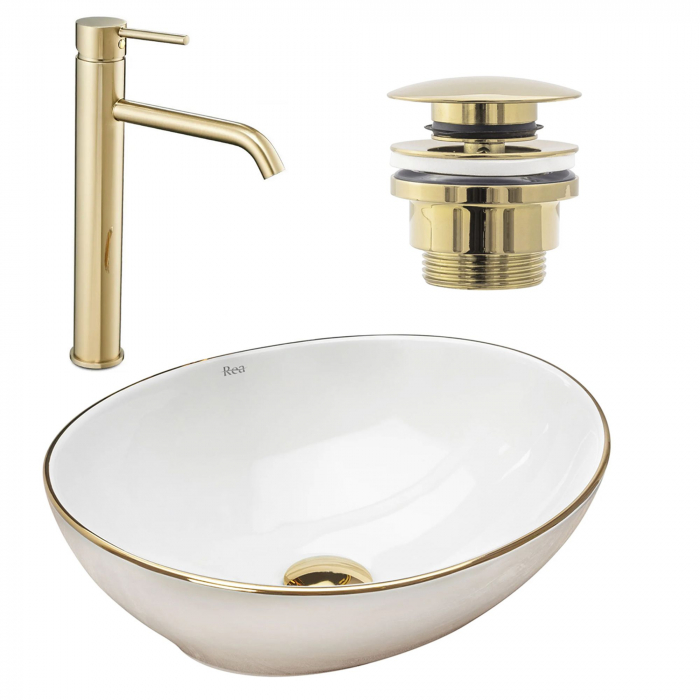 Set Lavoar Sofia Gold Edge + Baterie Inalta Lungo Gold + Dop Universal Gold, nan, alb lucios [1]