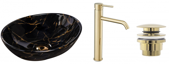 Set Lavoar Sofia Marble Black + Baterie Inalta Lungo Gold + Dop Universal Gold, nan, negru lucios [9]