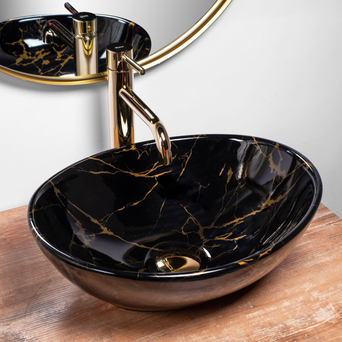 Set Lavoar Sofia Marble Black + Baterie Inalta Lungo Gold + Dop Universal Gold, nan, negru lucios [2]