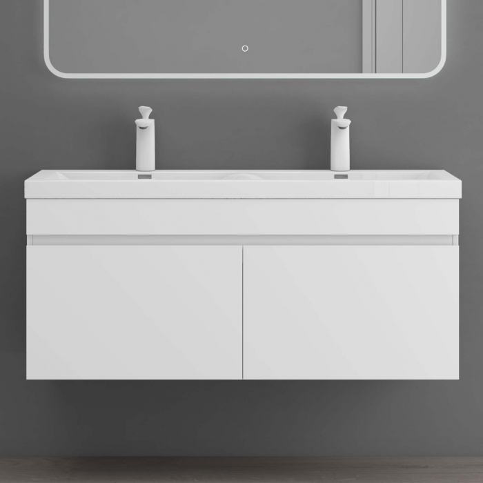 Set mobilier baie Botanica cu lavoar dublu, compozit, 120 sau 144 cm, cu sau fara oglinda LED, diverse culori, Soft Close, suspendat [2]