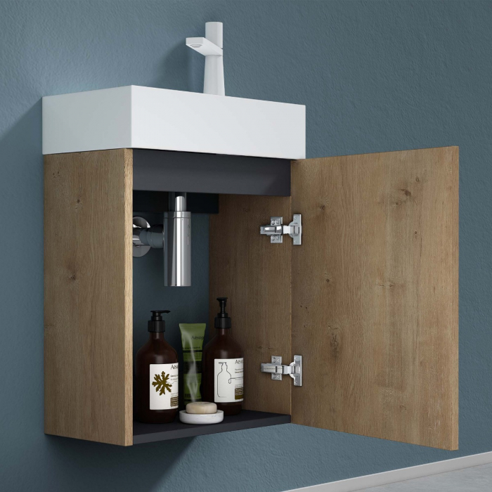 Set mobilier baie Pisa12 cu lavoar compozit alb, MDF, 46 cm, alb, maro, stejar, antracit, cu sau fara oglinda LED, Soft Close, suspendat [11]