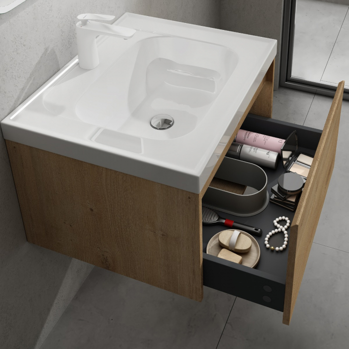 Set mobilier baie Salerno cu lavoar compozit, 60-80-100 cm, maro sau stejar, Soft Close, suspendat [12]