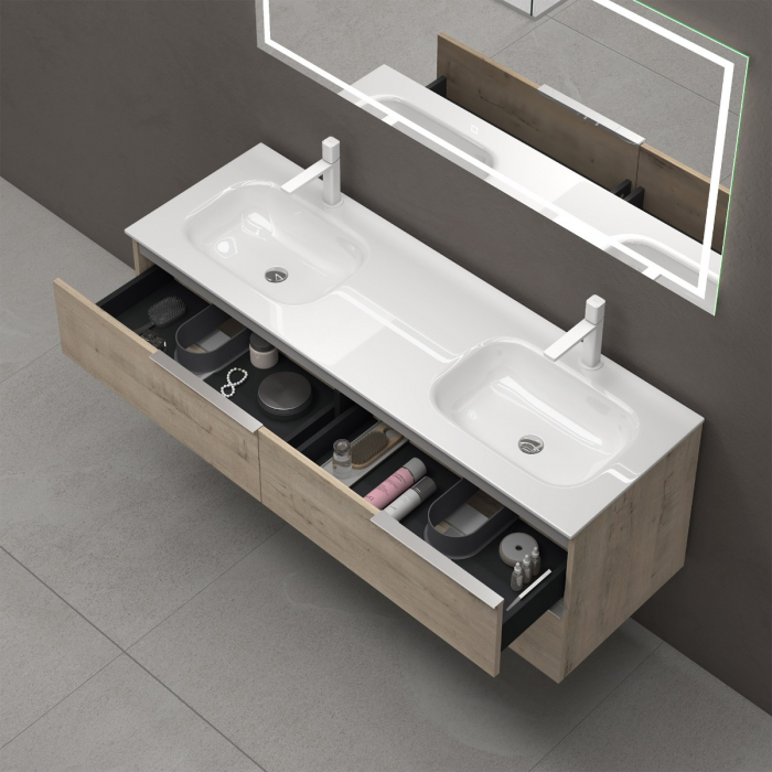 Set mobilier baie Vanessa cu lavoar dublu, compozit, 120 sau 144 cm, alb, antracit, stejar, cu sau fara oglinda LED, Soft Close, suspendat [6]