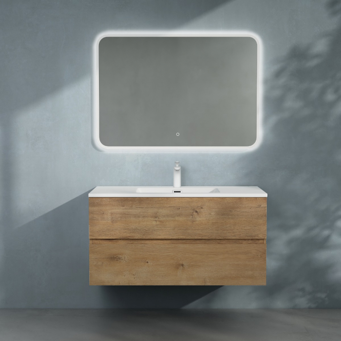 Set mobilier baie Verona cu lavoar compozit, 60-80-100 cm, cu sau fara oglinda LED, alb sau stejar, Soft Close, suspendat [2]