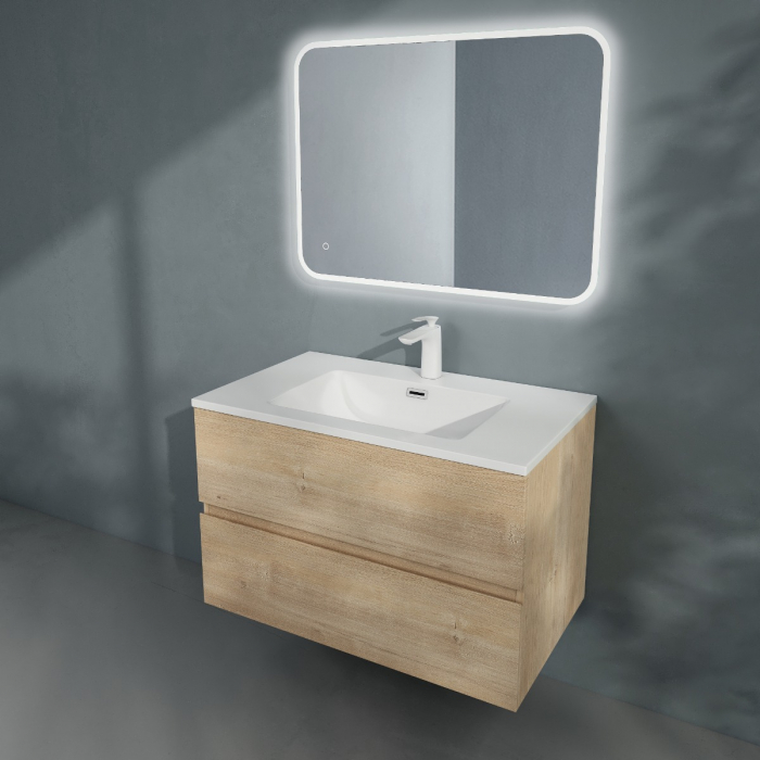 Set mobilier baie Verona cu lavoar compozit, 60-80-100 cm, cu sau fara oglinda LED, alb sau stejar, Soft Close, suspendat [4]