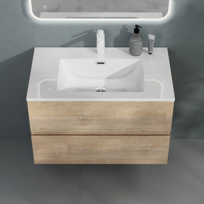 Set mobilier baie Verona cu lavoar compozit, 60-80-100 cm, cu sau fara oglinda LED, alb sau stejar, Soft Close, suspendat [5]