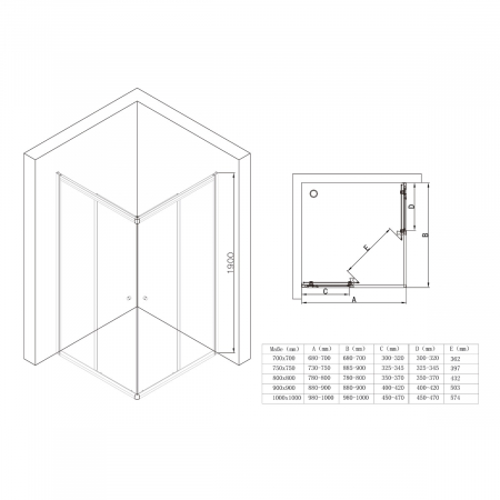 Cabina Astra 16K, crom, sticla transparenta, 2 usi glisante, cu sau fara cadita, diverse dimensiuni [8]