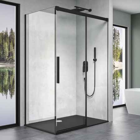 Cabine de duș - Cabina Astra Rav12, negru, sticla transparenta, usa glisanta, fara cadita, diverse dimensiuni