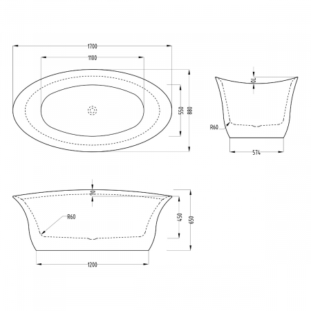 Cadă ovală Astra V543OA, acril, 170x88x65 cm, freestanding, inclusiv racord de scurgere și preaplin, racorduri DIN [8]