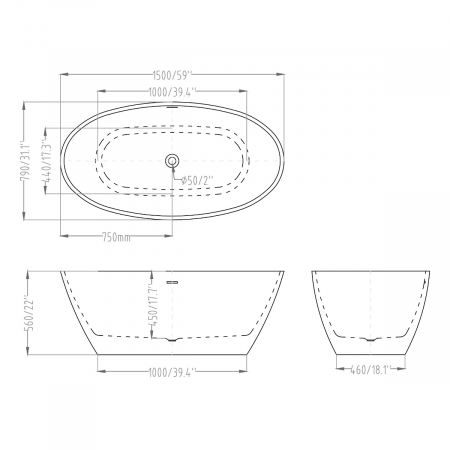 Cadă ovală Astra V599, acril, 150x79x56 cm, cu piedestal și racord de scurgere, racorduri DIN [6]