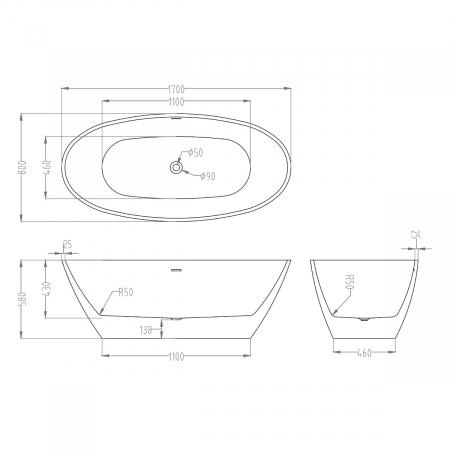 Cadă ovală Astra V599, acril, 170x80x58 cm, cu piedestal și racord de scurgere standard DIN [6]