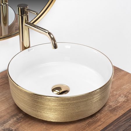 Lavoar pe blat Sami White Brush Gold, ceramica, alb lucios [1]