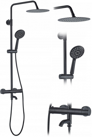 Sisteme și Capuri de duș - Set de dus cu termostat Lungo Black negru, anti calcar, negru, montaj pe perete