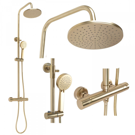 Sisteme și Capuri de duș - Set de dus cu termostat Parot Brushed Gold, anti calcar, auriu, montaj pe perete