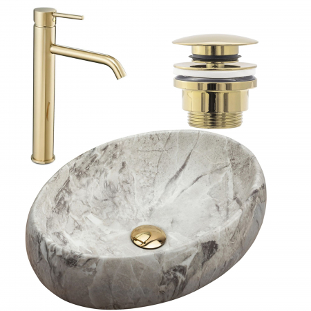 Lavoare - Set Lavoar Linda Stone + Baterie Inalta Lungo Gold + Dop Universal Gold, nan, Bej mat