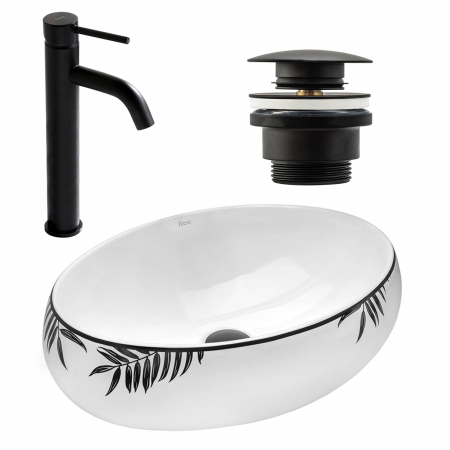 Lavoare - Set Lavoar Shila + Baterie Inalta Lungo Black+ Dop Universal Black, nan, alb lucios