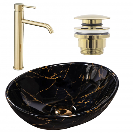 Lavoare - Set Lavoar Sofia Marble Black + Baterie Inalta Lungo Gold + Dop Universal Gold, nan, negru lucios