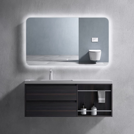 Baie - Set mobilier baie Open cu lavoar compozit, 120 cm, stejar, vulcan, Soft Close, suspendat