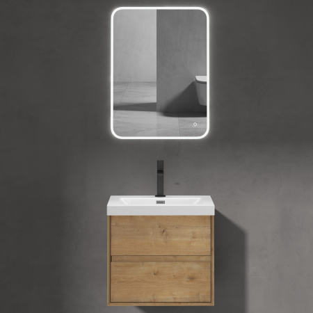 Baie - Set mobilier baie Rimo cu lavoar compozit, 60-77-100 cm, maro sau stejar, Soft Close, suspendat