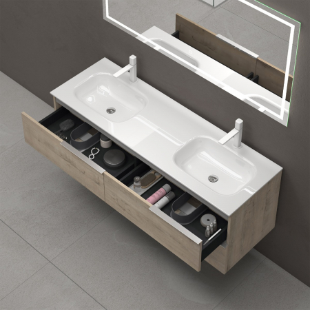 Set mobilier baie Vanessa cu lavoar dublu, compozit, 120 sau 144 cm, alb, antracit, stejar, cu sau fara oglinda LED, Soft Close, suspendat [5]