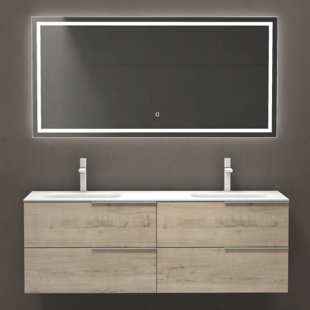 Mobilier baie - Set mobilier baie Vanessa cu lavoar dublu, compozit, 120 sau 144 cm, alb, antracit, stejar, cu sau fara oglinda LED, Soft Close, suspendat