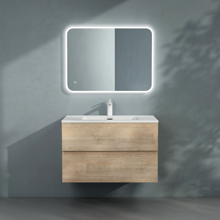 Baie - Set mobilier baie Verona cu lavoar compozit, 60-80-100 cm, cu sau fara oglinda LED, alb sau stejar, Soft Close, suspendat