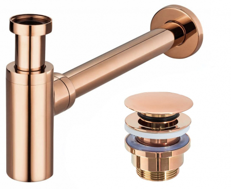 Accesorii baie - Sifon lavoar universal Auriu Roz + dop tip Click-Clack