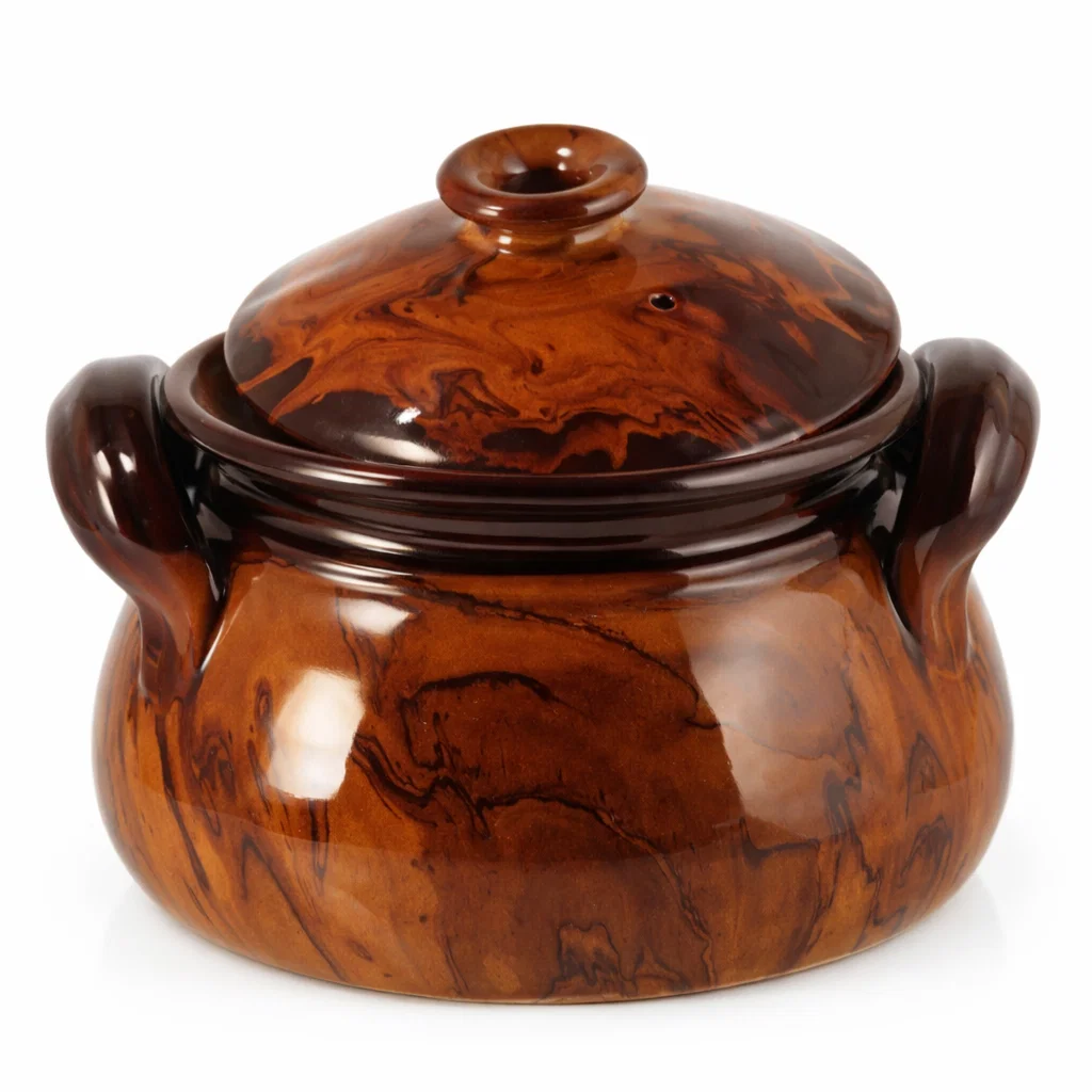 Oală de gătit din lut natural ars, smălțuit, cu capac inclus. Finisaj smălțuit, culoare tradițională. Capacitate totală de 7 litri. Destinată preparării sarmalelor, fripturilor și mâncărurilor gătite lent în cuptor. Nu este compatibilă cu flacără directă sau plite. Produs fragil, livrat prin curier. [2]