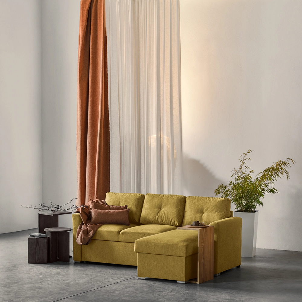 Colțar Extensibil 3 Locuri Cu Spațiu de Depozitare- Mustard, Galben, 244x87/156x87 cm [2]