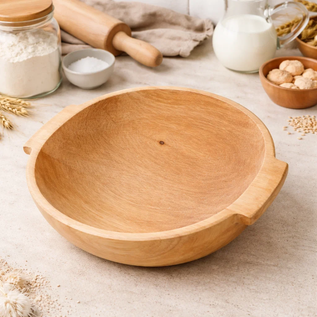 Covată rotundă din lemn cu mânere pentru frământat aluat, lucrată manual [2]