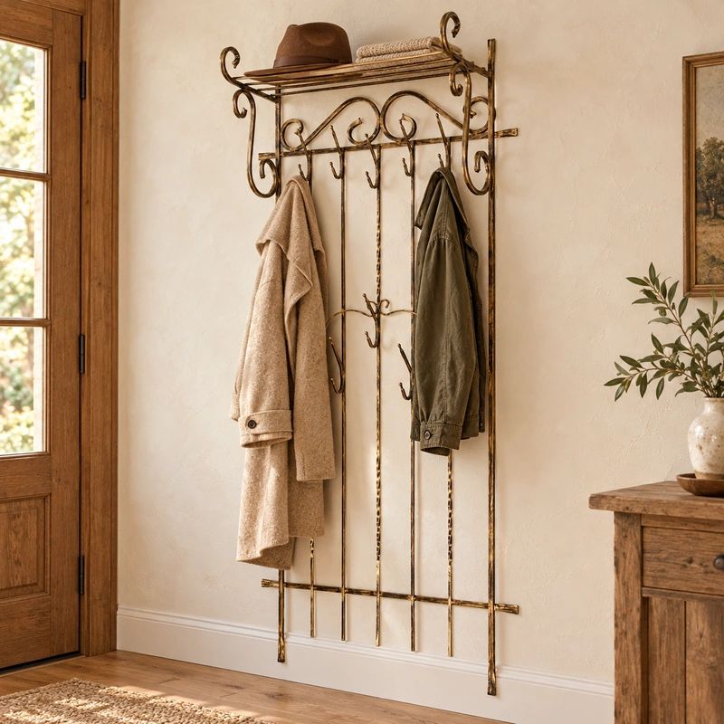 Cuier de perete din fier forjat cu raft, 150 x 75 x 27 cm [2]