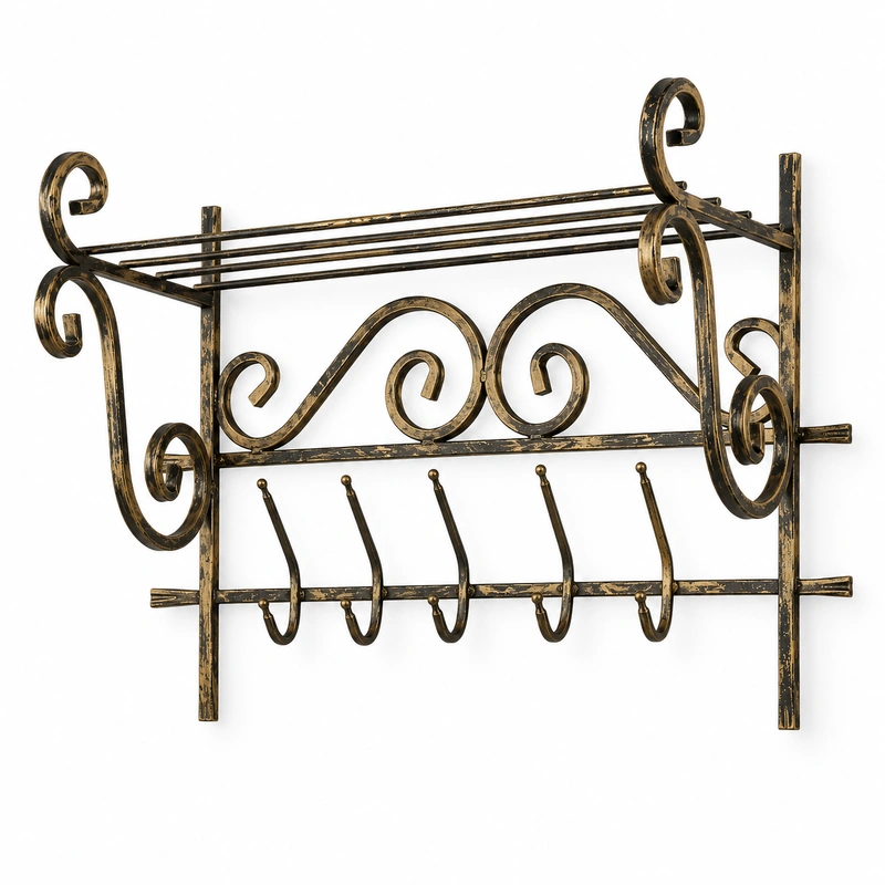 Cuier de perete din fier forjat cu raft si 5 agatatori, 75 x 28 x 49 cm [2]