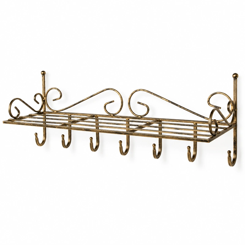 Cuier de perete din fier forjat cu raft si 6 agatatori, 64 x 21 x 24 cm [2]