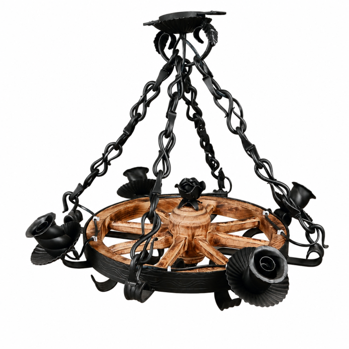 Lustră din lemn și fier forjat Ø65 cm cu 4 becuri pentru living rustic [2]