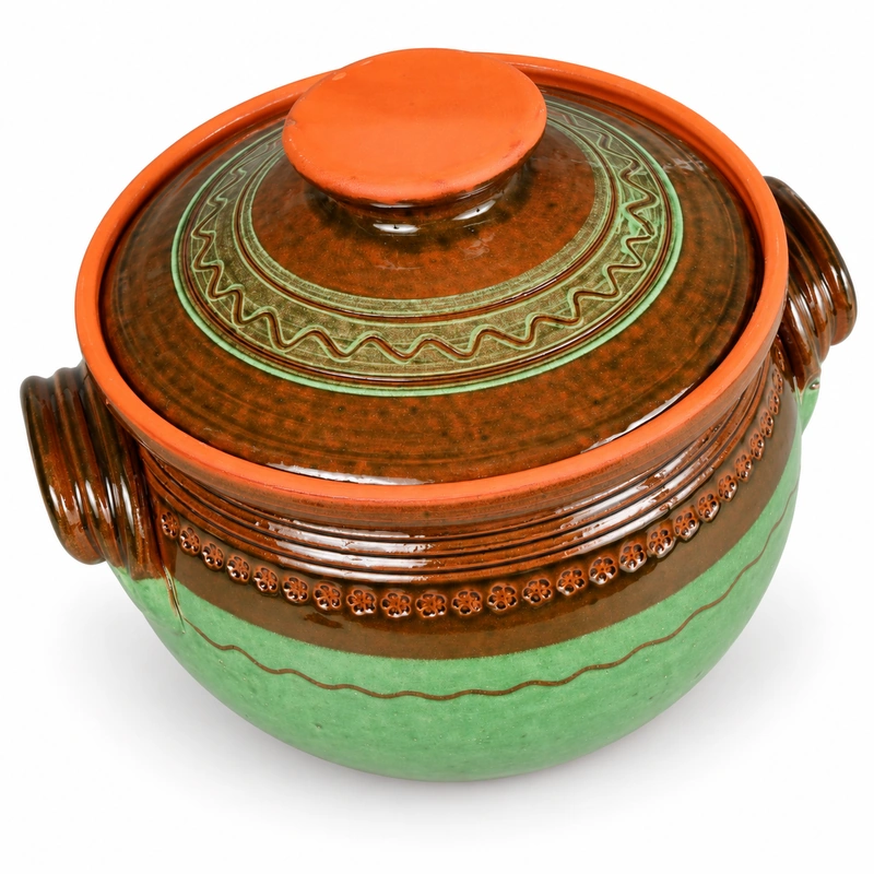 Oala din lut smaltuita cu capac, 5, 7 si 10 litri, verde-maro [4]