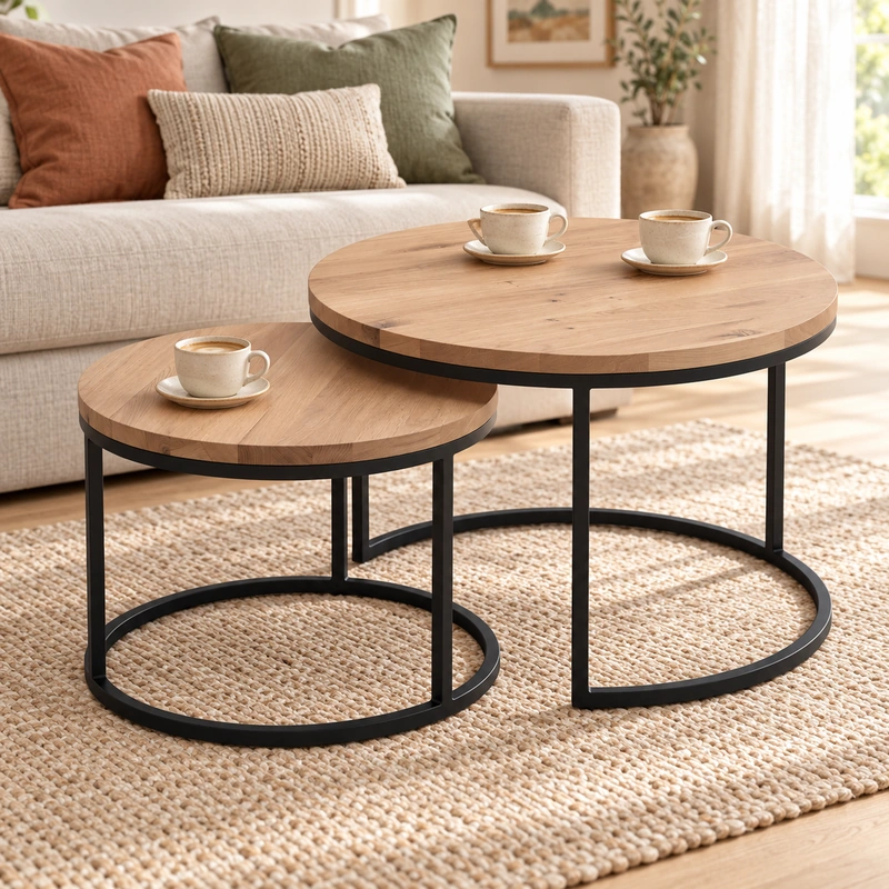 Set 2 masute de cafea Line din stejar masiv, blat 20 mm, metal negru mat [2]