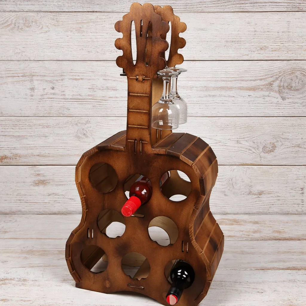 Suport lemn pentru vin 8 sticle 4 pahare forma vioara 78x40x22 cm [2]