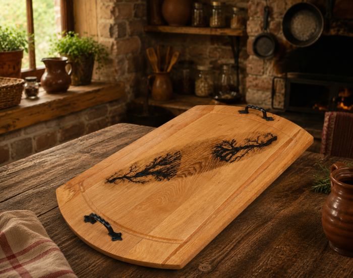 Tavă din lemn cu mânere din fier forjat 68x40 cm pentru servire rustică [2]