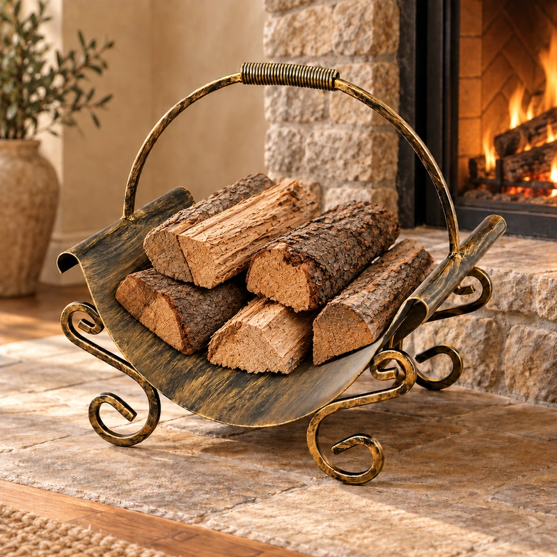 Accesorii șemineu - Cos pentru lemne din fier forjat cu maner 42,5 x 36 x 44,5 cm