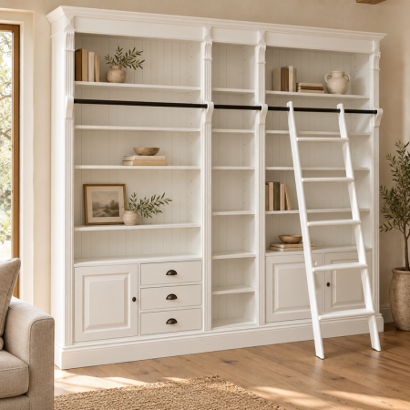 Mobilier lemn masiv - biblioteca-clasica-cu-rafturi-reglabile-si-sina-pentru-scara-269-x-39-x-238-cm-atelier49