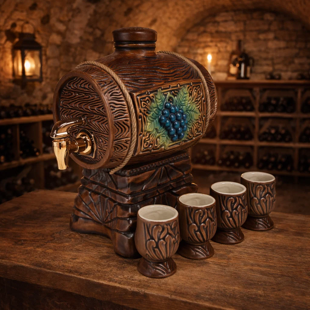 CERAMICĂ - Butoi din ceramică cu suport pentru vin 3,5 litri cu 4 pahare