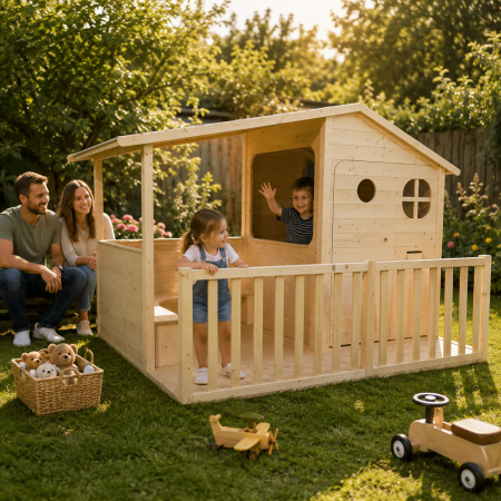 Căsuțe pentru copii - Căsuță din lemn pentru copii TILIA cu terasă acoperită și podea inclusă - ATELIER 49