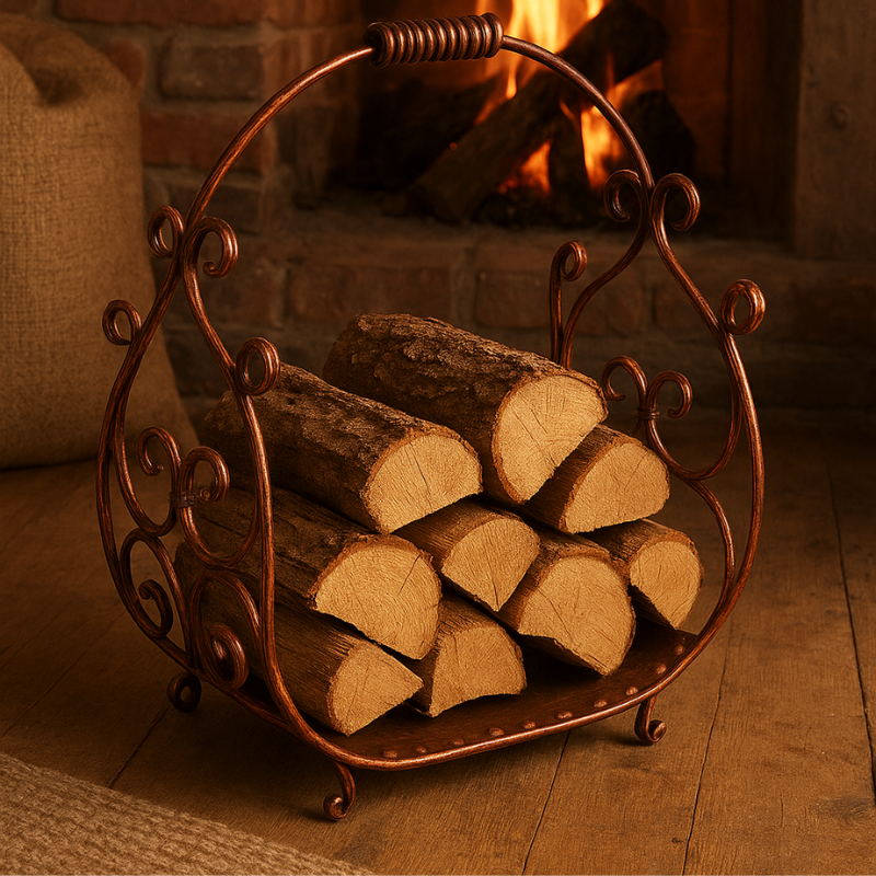 Fier Forjat - coș-lemne-foc-fier-forjat-cupru-antichizat-suport-decorativ-pentru-șemineu-dogor