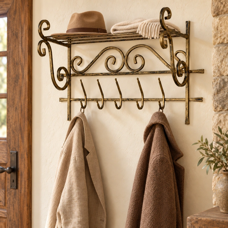 Cuiere - Cuier de perete din fier forjat cu raft si 5 agatatori, 75 x 28 x 49 cm