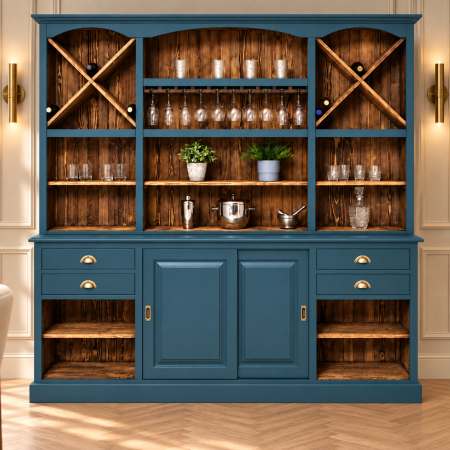 Mobilier lemn masiv - dulap-bar-din-brad-masiv-cu-suport-pahare-2-usi-glisante-si-4-sertare-240-x-50-x-210-cm-atelier49