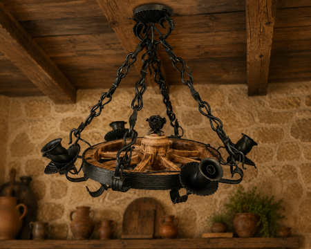 Lustre - Lustră din lemn și fier forjat Ø65 cm cu 4 becuri pentru living rustic