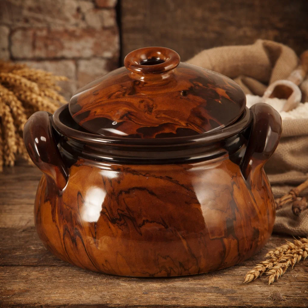 CERAMICĂ - Oală de gătit din lut natural ars, smălțuit, cu capac inclus. Finisaj smălțuit, culoare tradițională. Capacitate totală de 7 litri. Destinată preparării sarmalelor, fripturilor și mâncărurilor gătite lent în cuptor. Nu este compatibilă cu flacără directă sau plite. Produs fragil, livrat prin curier.