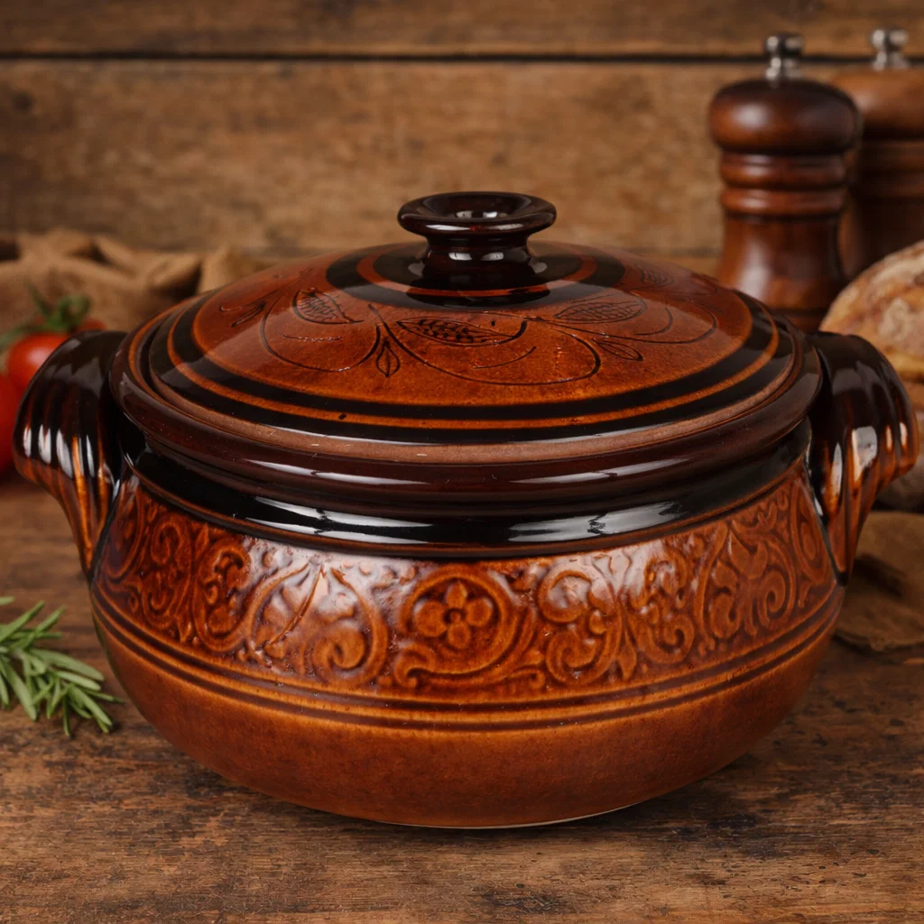 CERAMICĂ - Oală de sarmale din lut smălțuit 10 litri cu capac